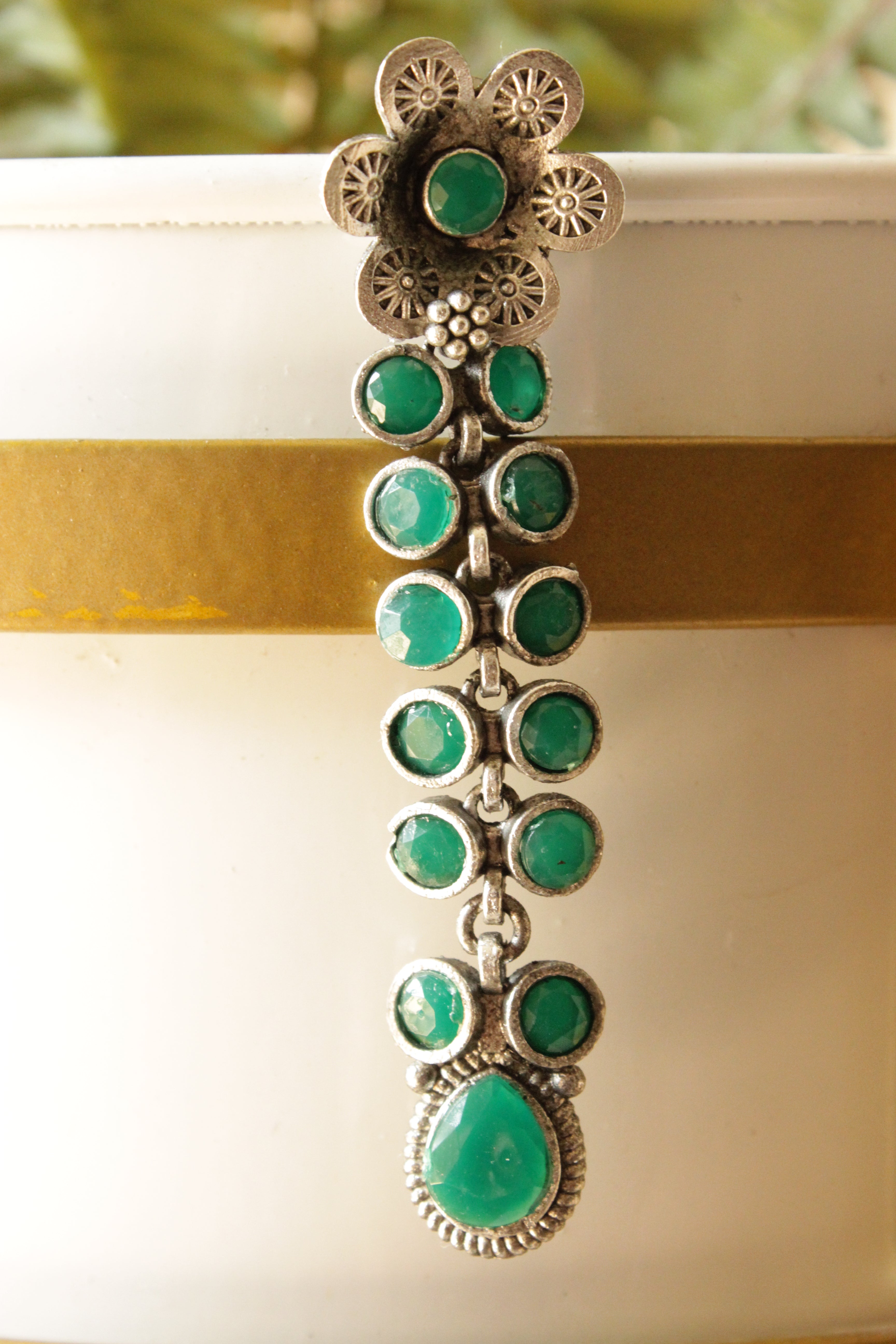 Green Glass Stones Embedded Silver Finish Brass Drop Dangler Earrings