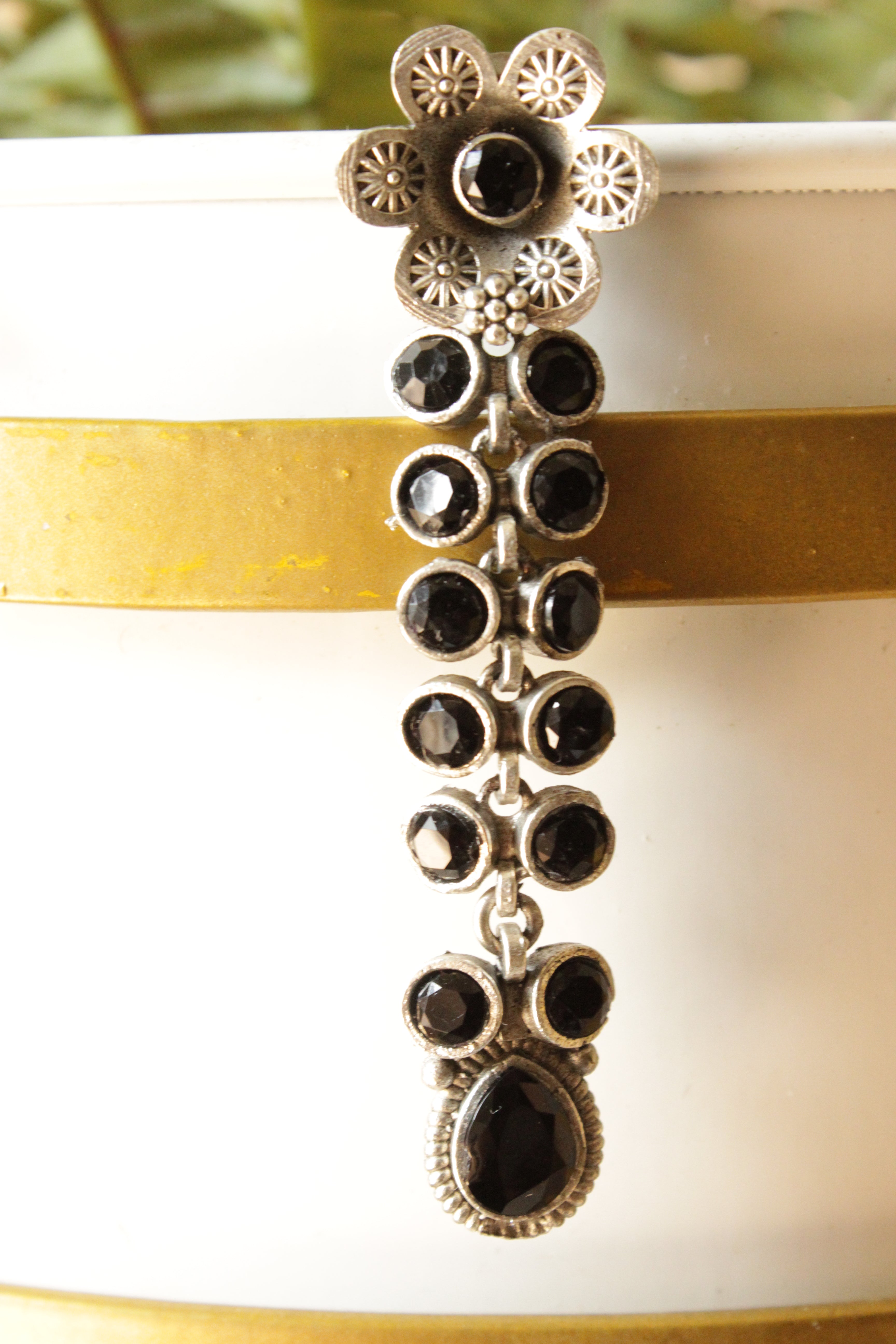 Black Glass Stones Embedded Silver Finish Brass Drop Dangler Earrings