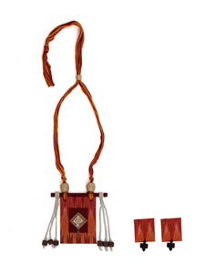 Orange Ikat Fabric Necklace Set with Wooden Beads Strands and Thread Closure