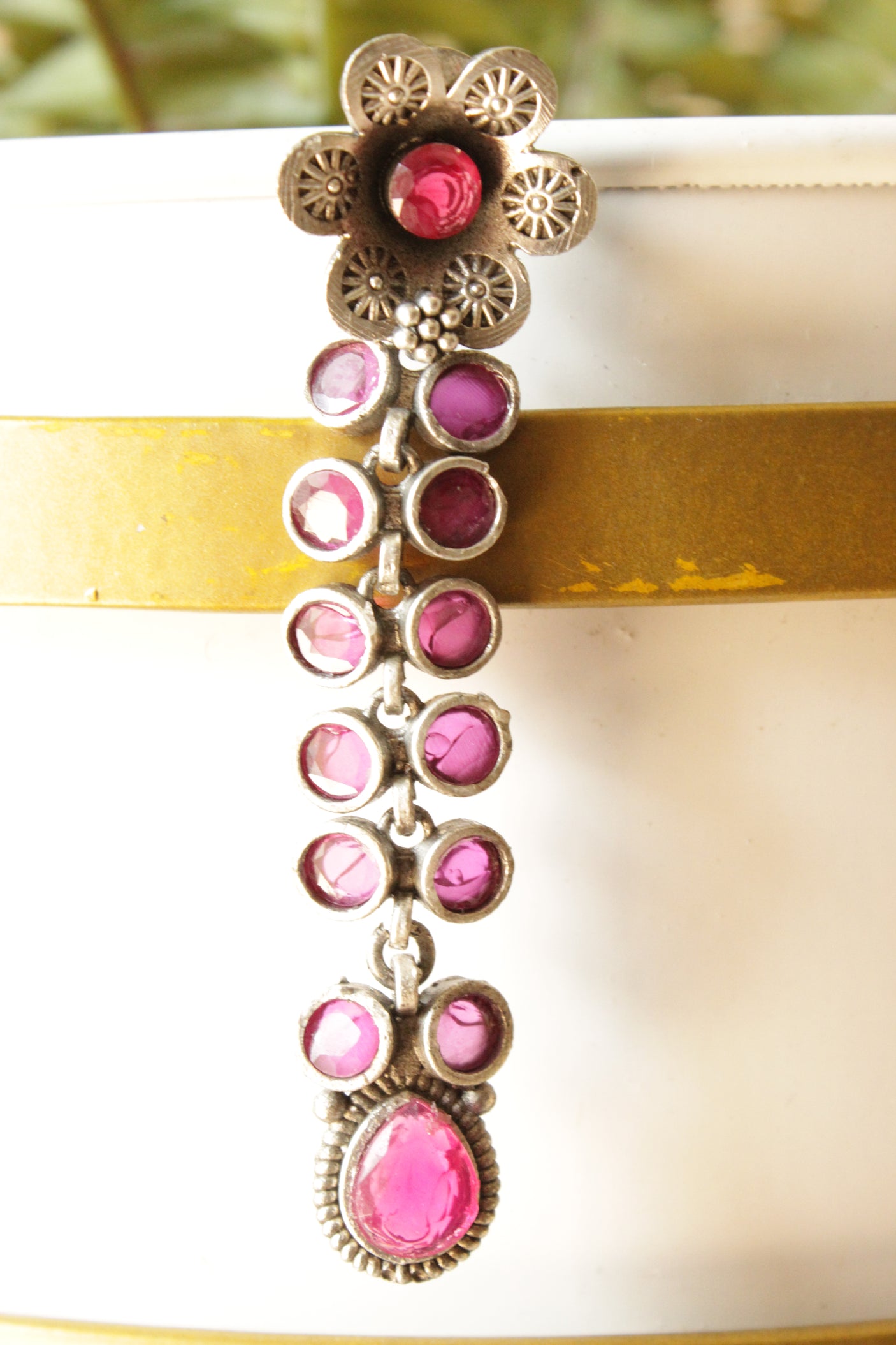 Fuchsia Glass Stones Embedded Silver Finish Brass Drop Dangler Earrings