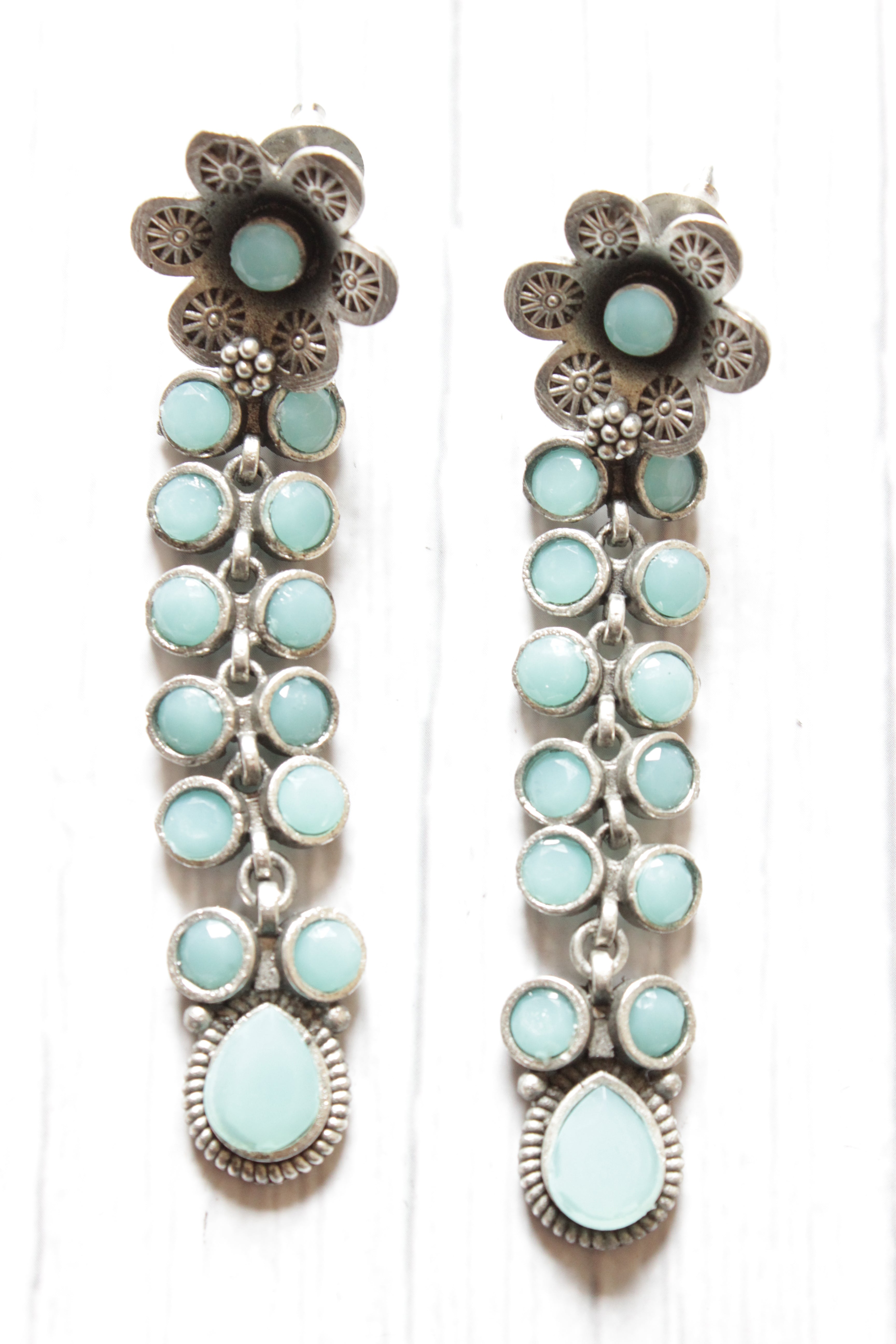 Turquoise Glass Stones Embedded Silver Finish Brass Drop Dangler Earrings