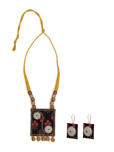 Wooden Beads, Fabric and Jute Work Necklace Set with Thread Closure
