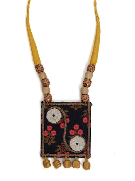 Wooden Beads, Fabric and Jute Work Necklace Set with Thread Closure