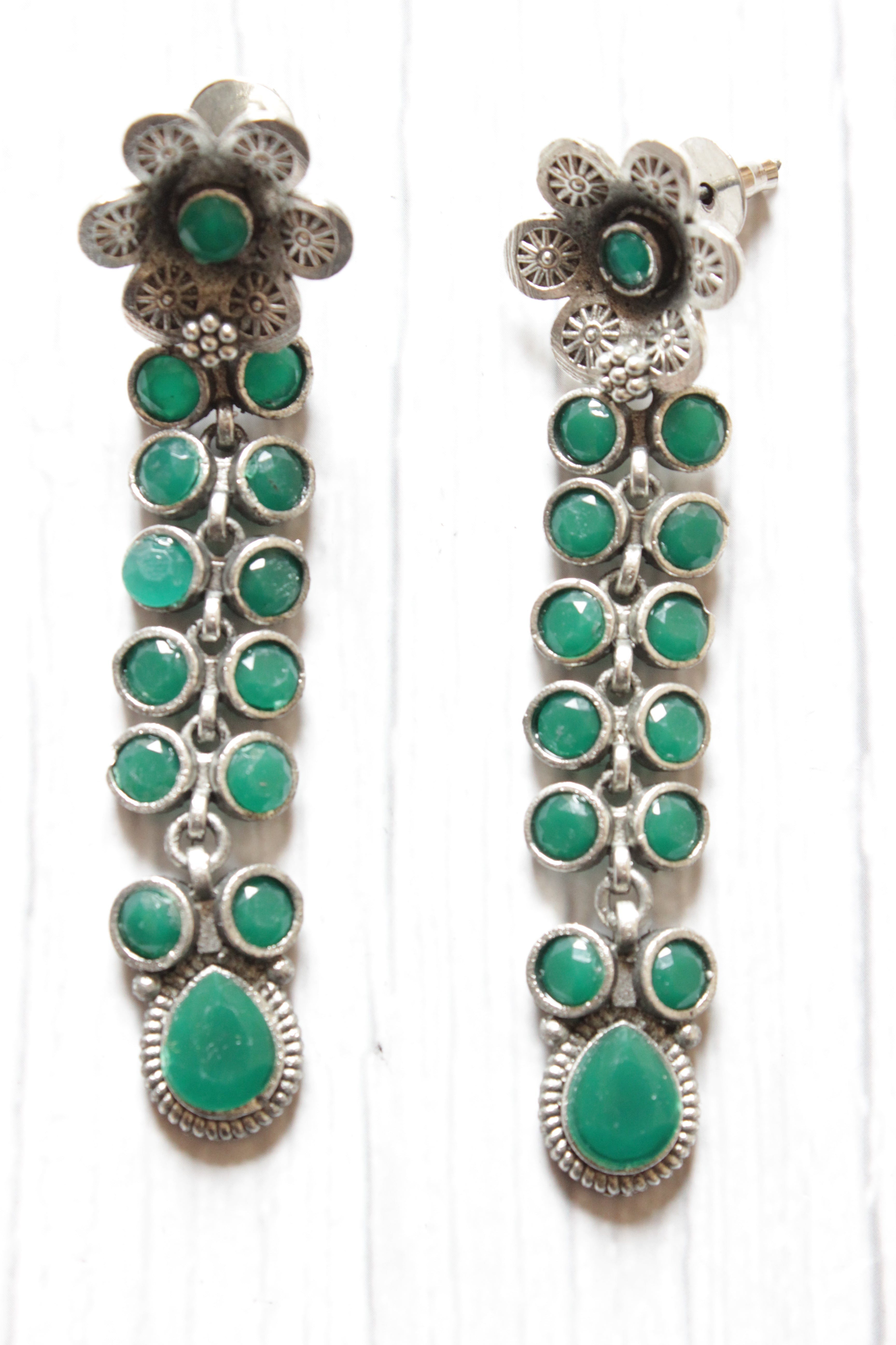 Green Glass Stones Embedded Silver Finish Brass Drop Dangler Earrings