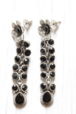 Load image into Gallery viewer, Black Glass Stones Embedded Silver Finish Brass Drop Dangler Earrings

