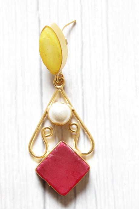 Ruby Red and Lemon Yellow Sugar Druzy Natural Gemstone Embedded Brass Dangler Earrings
