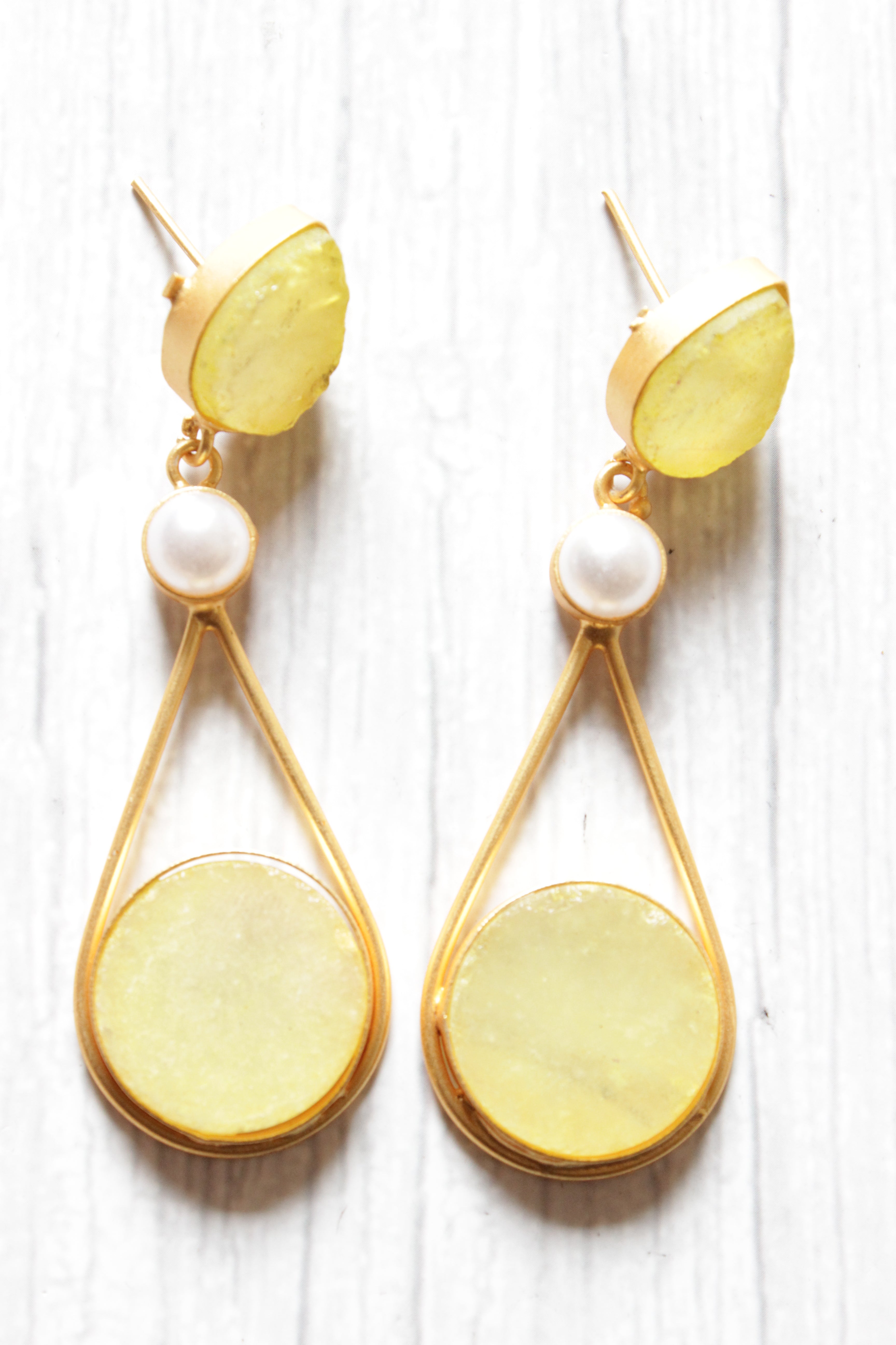 Lemon Yellow Natural Gemstones Embedded Brass Dangler Earrings – A