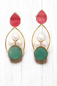 Fuchsia and Turquoise Natural Gemstones Embedded Brass Dangler Earrings