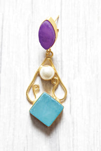 Violet and Sky Blue Natural Gemstones Embedded Brass Dangler Earrings