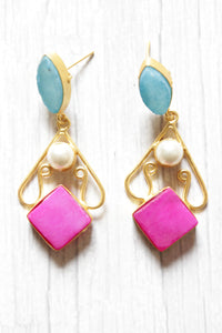 Sky Blue and Pink Natural Gemstones Embedded Brass Dangler Earrings
