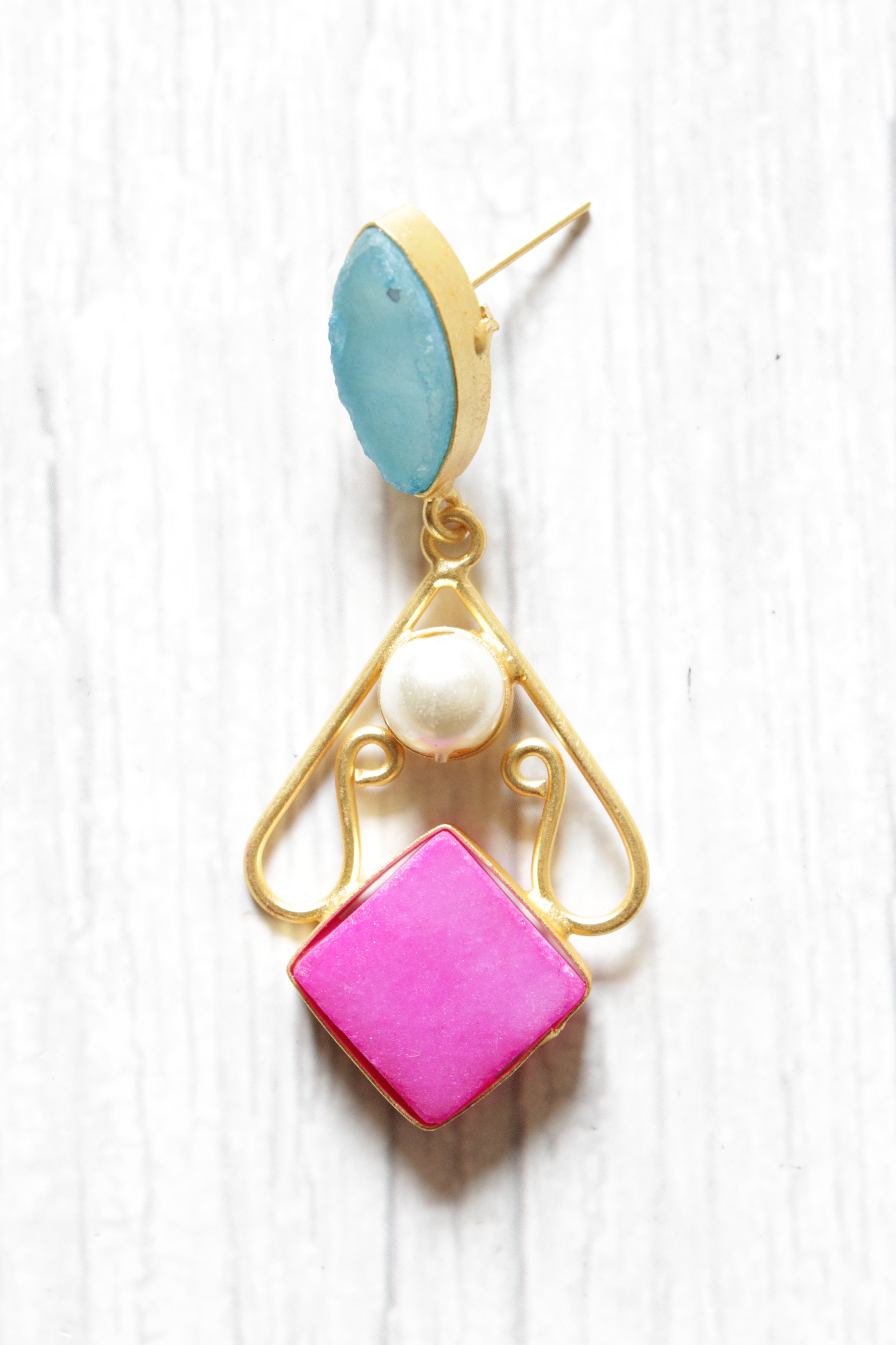 Sky Blue and Pink Natural Gemstones Embedded Brass Dangler Earrings