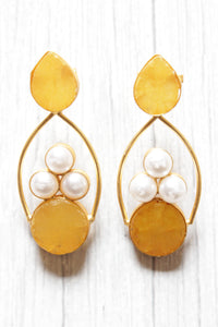 Lemon Yellow Natural Gemstones Embedded Brass Dangler Earrings
