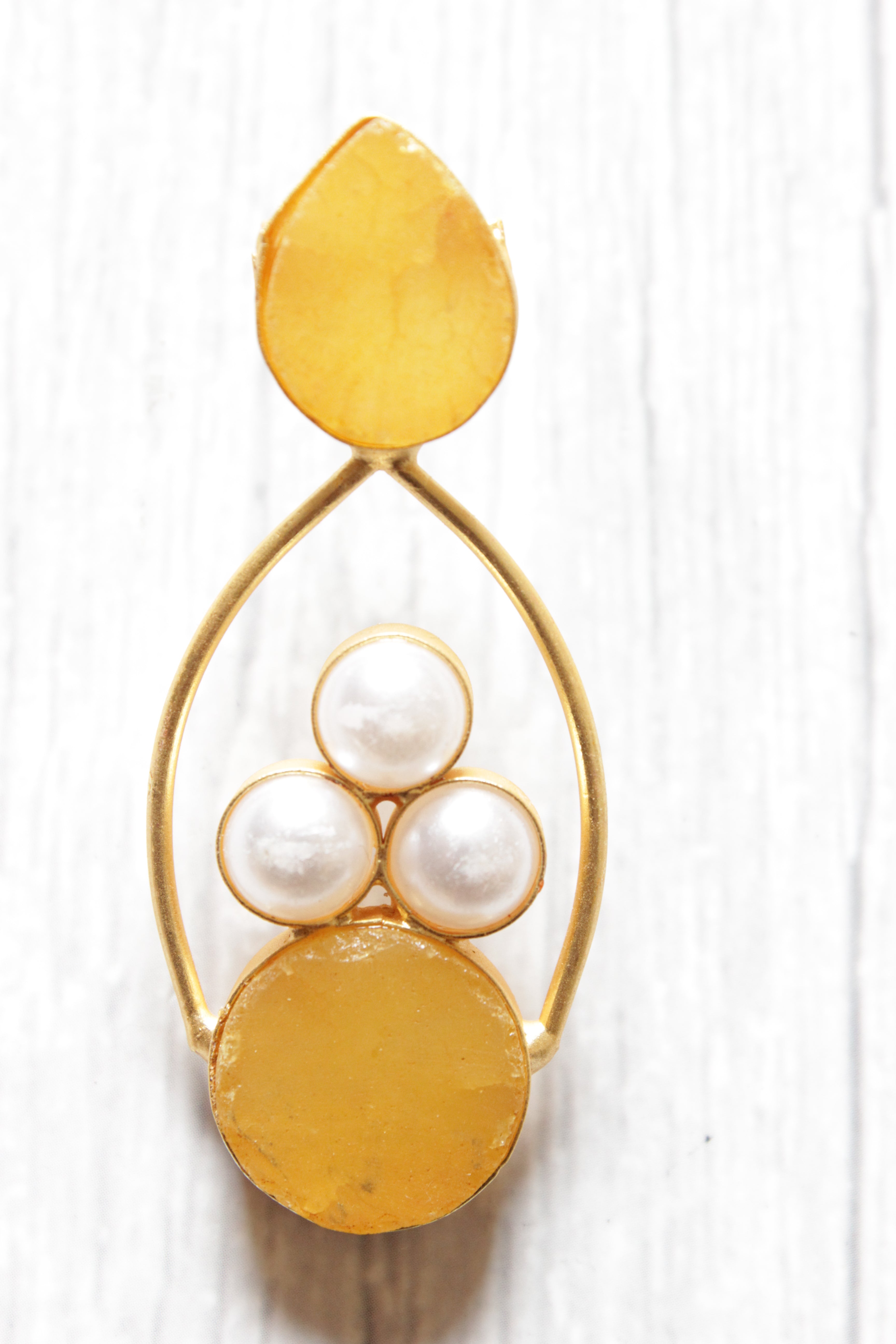 Lemon Yellow Natural Gemstones Embedded Brass Dangler Earrings