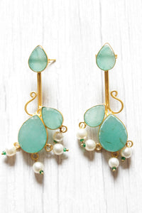 Sky Blue Natural Gemstones Embedded Brass Dangler Earrings