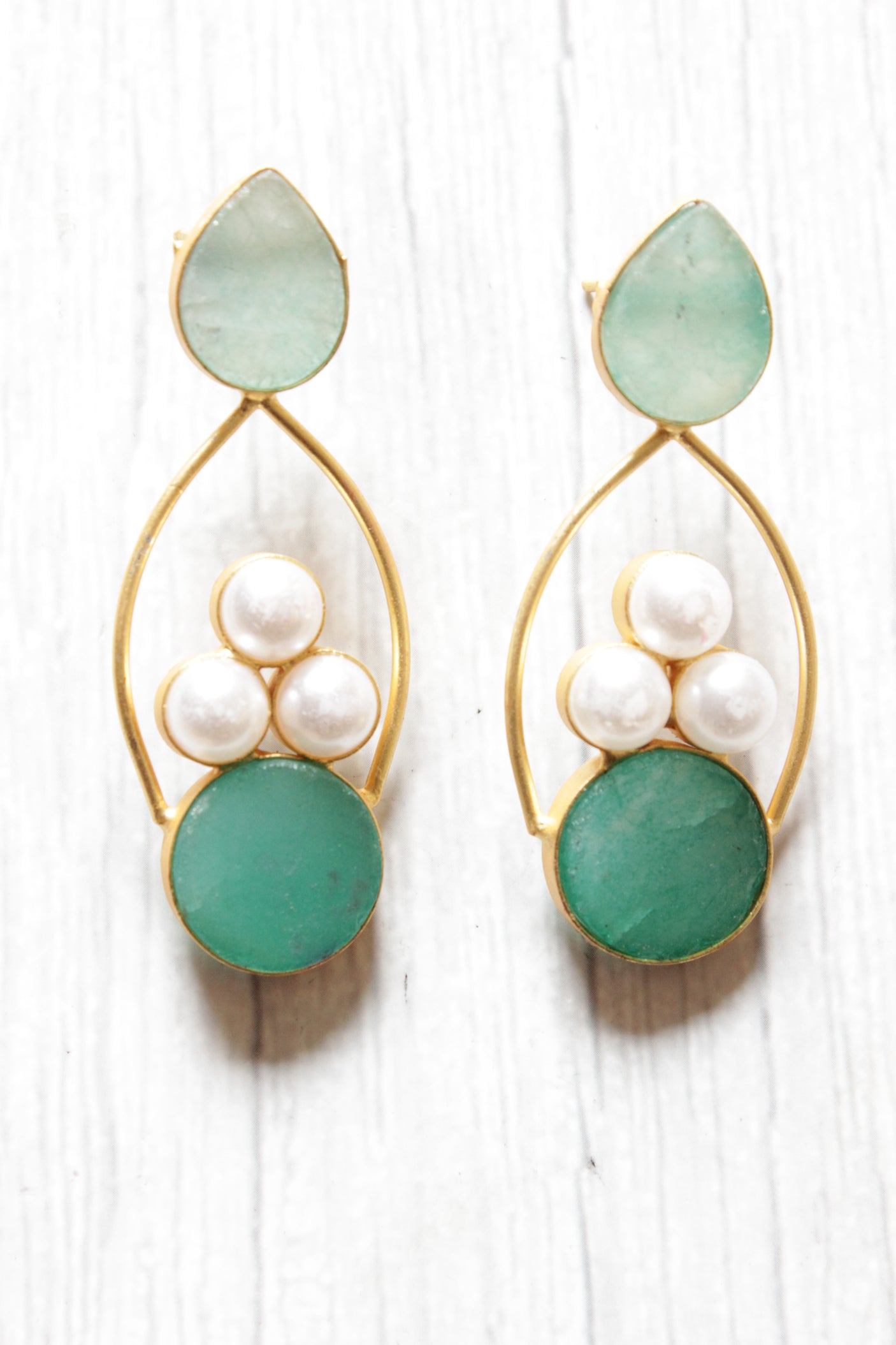 Shades of Blue Natural Gemstones Embedded Gold Plated Brass Dangler Earrings