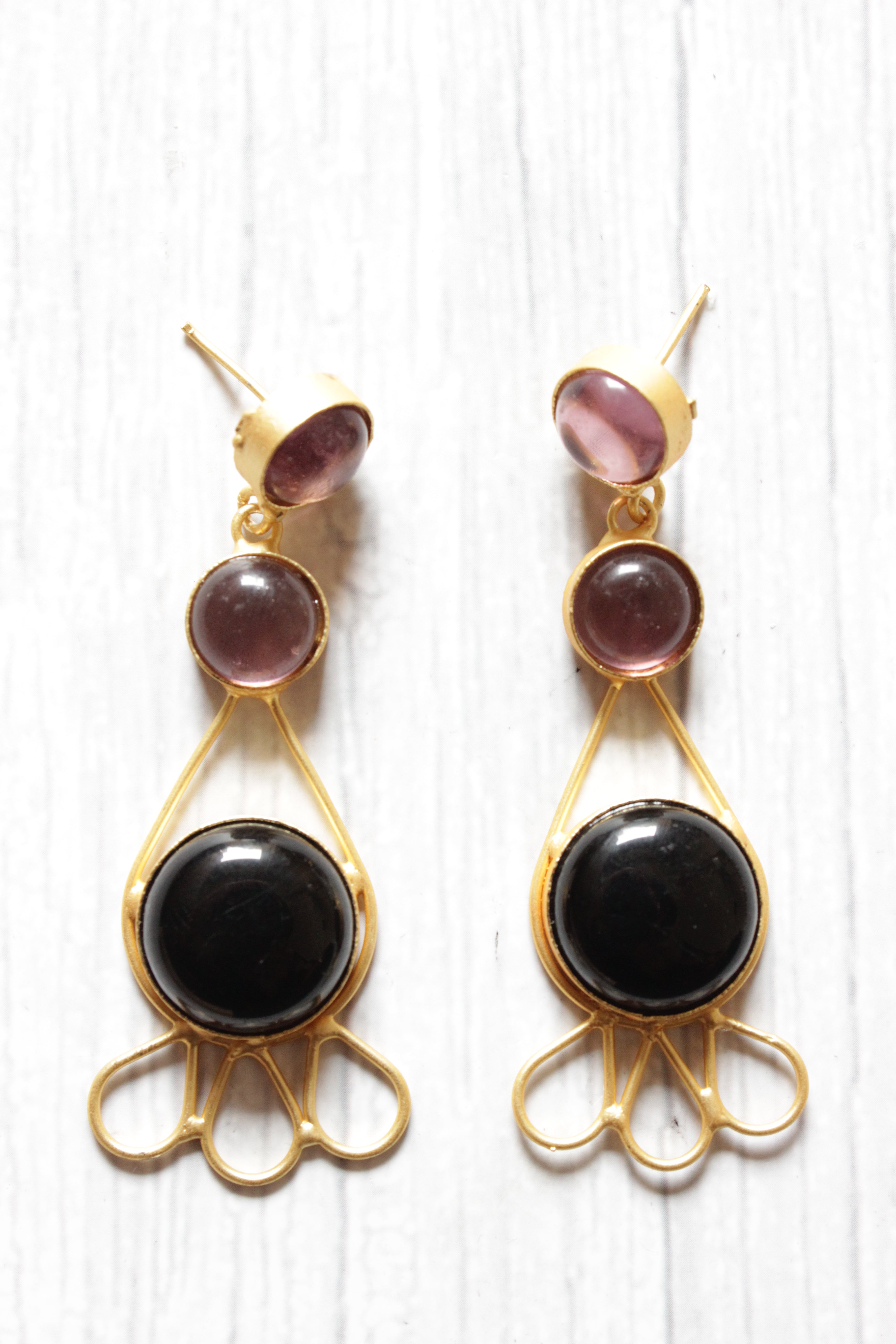 Red and Black Natural Gemstone Embedded Gold Plated Brass Dangler Earrings