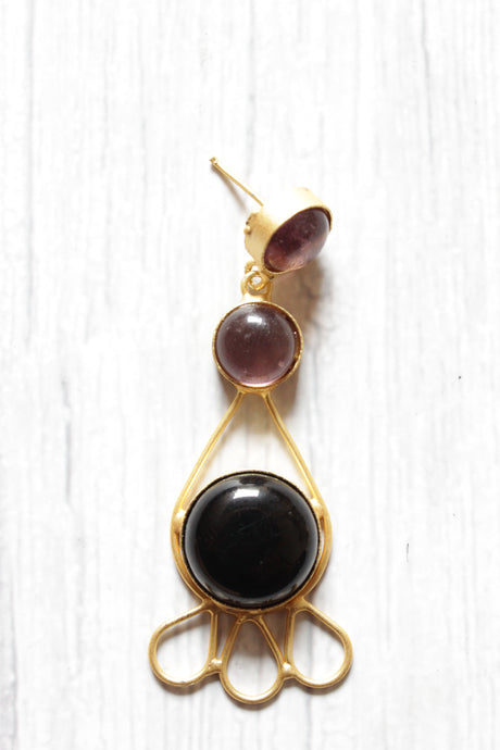 Red and Black Natural Gemstone Embedded Gold Plated Brass Dangler Earrings