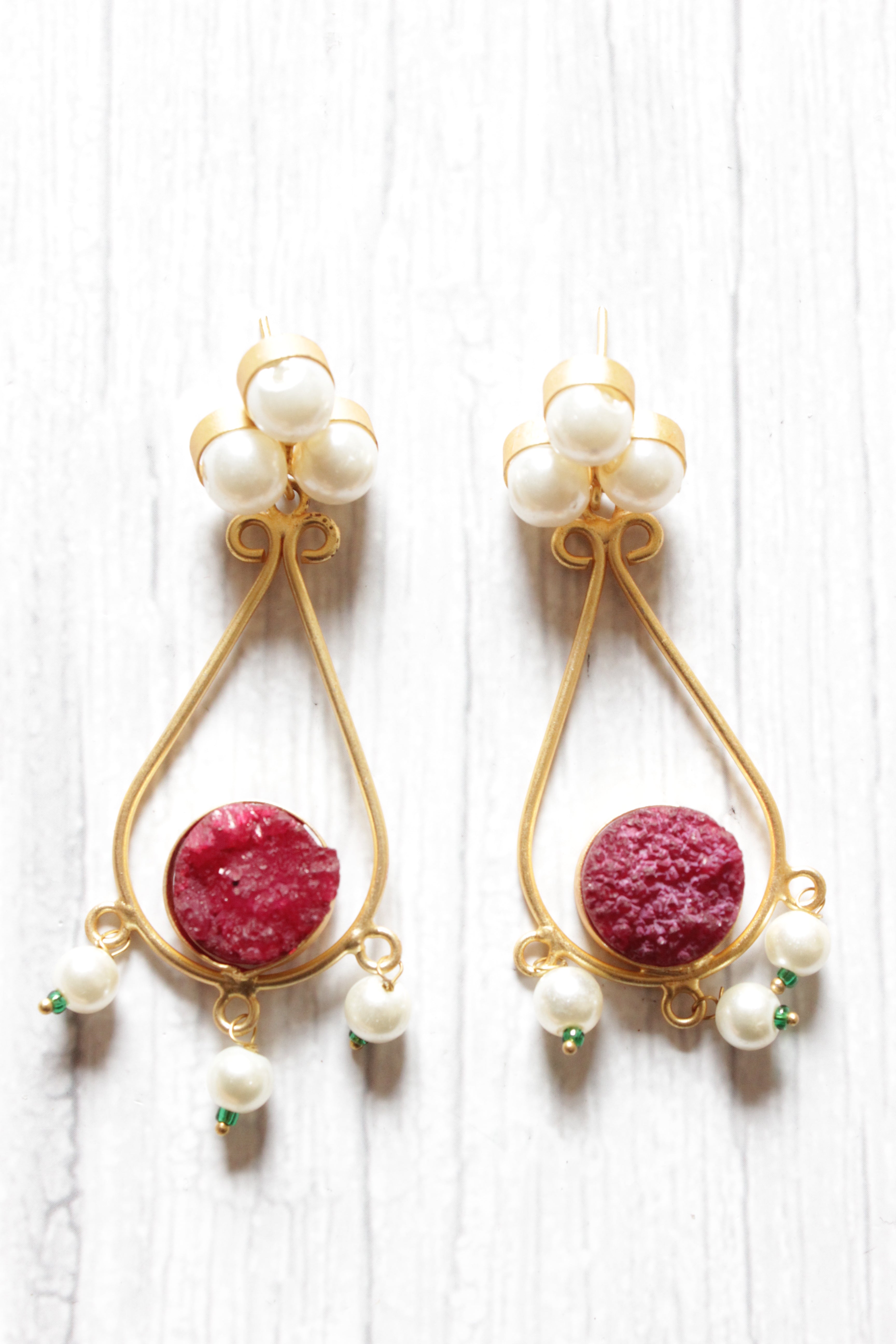 Red Natural Sugar Druzy Gemstone Embedded Gold Plated Brass Dangler Earrings