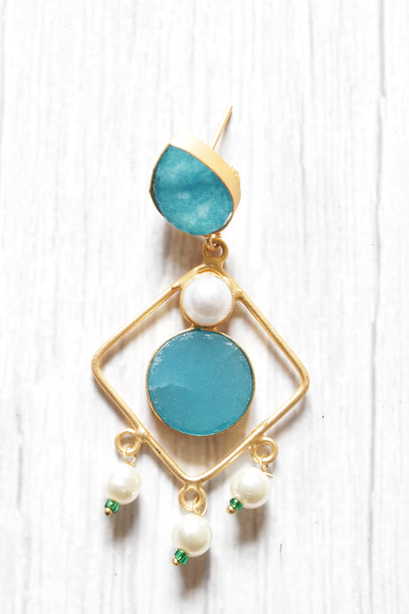Sky Blue Natural Gemstone Embedded Gold Plated Brass Dangler Earrings