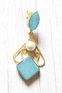 Turquoise Blue Natural Gemstone Embedded Gold Plated Brass Dangler Earrings