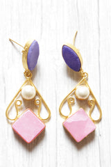 Violet and Pink Natural Gemstone Embedded Gold Plated Brass Dangler Earrings