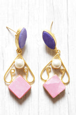 Load image into Gallery viewer, Violet and Pink Natural Gemstone Embedded Gold Plated Brass Dangler Earrings
