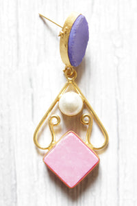 Violet and Pink Natural Gemstone Embedded Gold Plated Brass Dangler Earrings