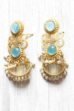 Load image into Gallery viewer, Blue Natural Gemstone Embedded Gold Plated Elaborate Brass Dangler Earrings
