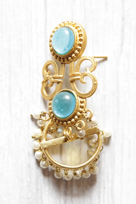 Blue Natural Gemstone Embedded Gold Plated Elaborate Brass Dangler Earrings