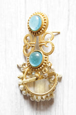 Load image into Gallery viewer, Blue Natural Gemstone Embedded Gold Plated Elaborate Brass Dangler Earrings
