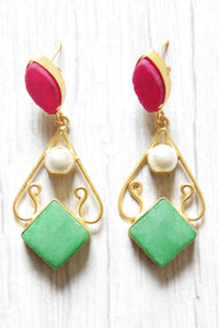 Bridal Pink and Sea Green Natural Gemstone Embedded Gold Plated Brass Dangler Earrings