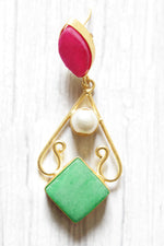 Load image into Gallery viewer, Bridal Pink and Sea Green Natural Gemstone Embedded Gold Plated Brass Dangler Earrings
