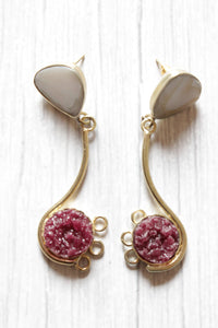 Pink Sugar Druzy Natural Gemstone Embedded Gold Plated Brass Contemporary Dangler Earrings