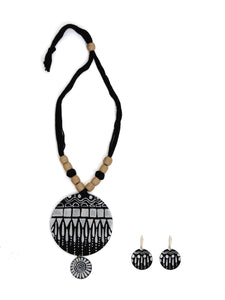 Monochrome Hand Painted Fabric Necklace Set with Wooden Beads