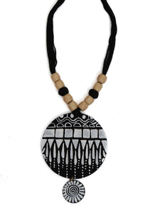 Monochrome Hand Painted Fabric Necklace Set with Wooden Beads