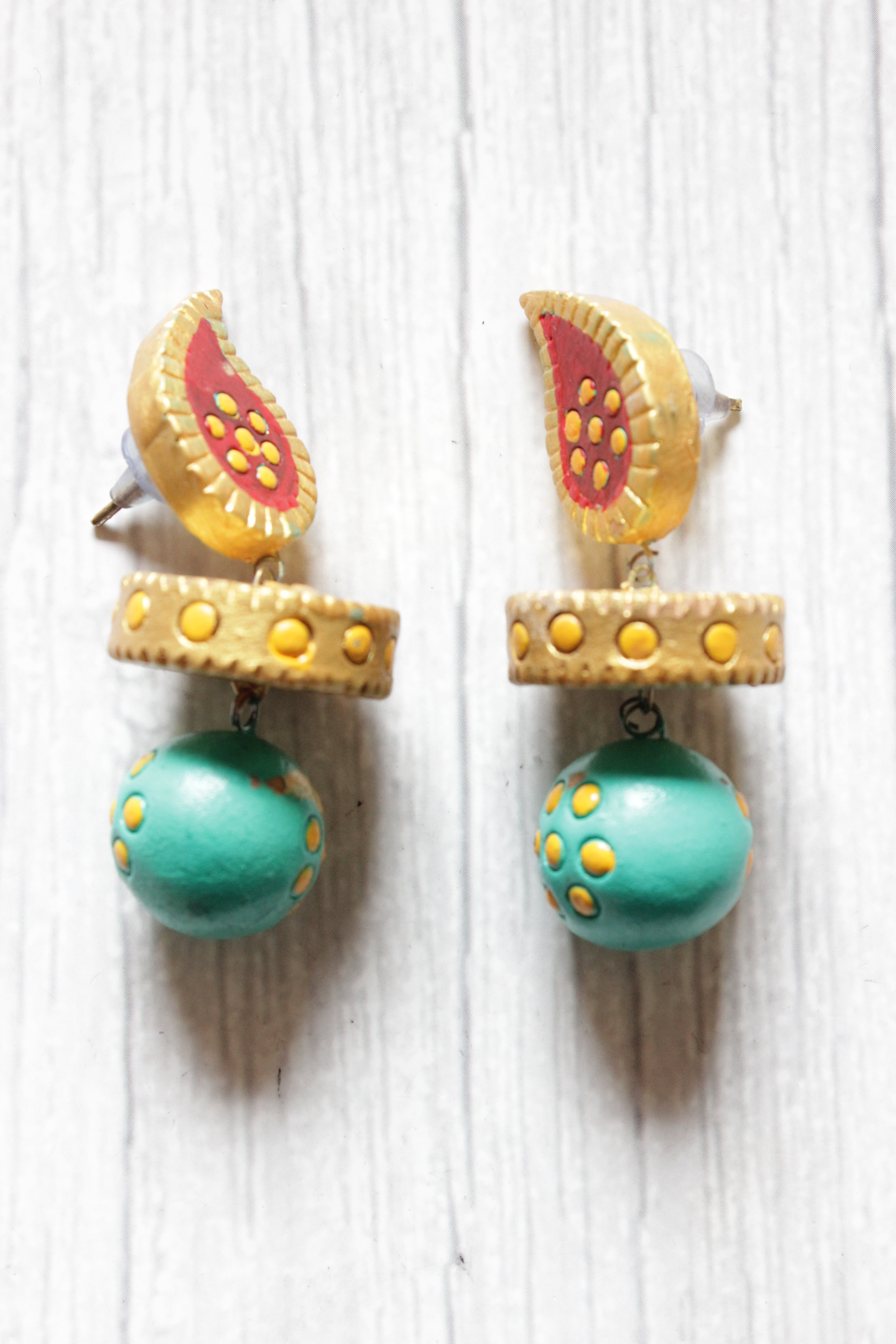 Handcrafted Gold, Turquoise and Red Terracotta Clay Dangler Earrings