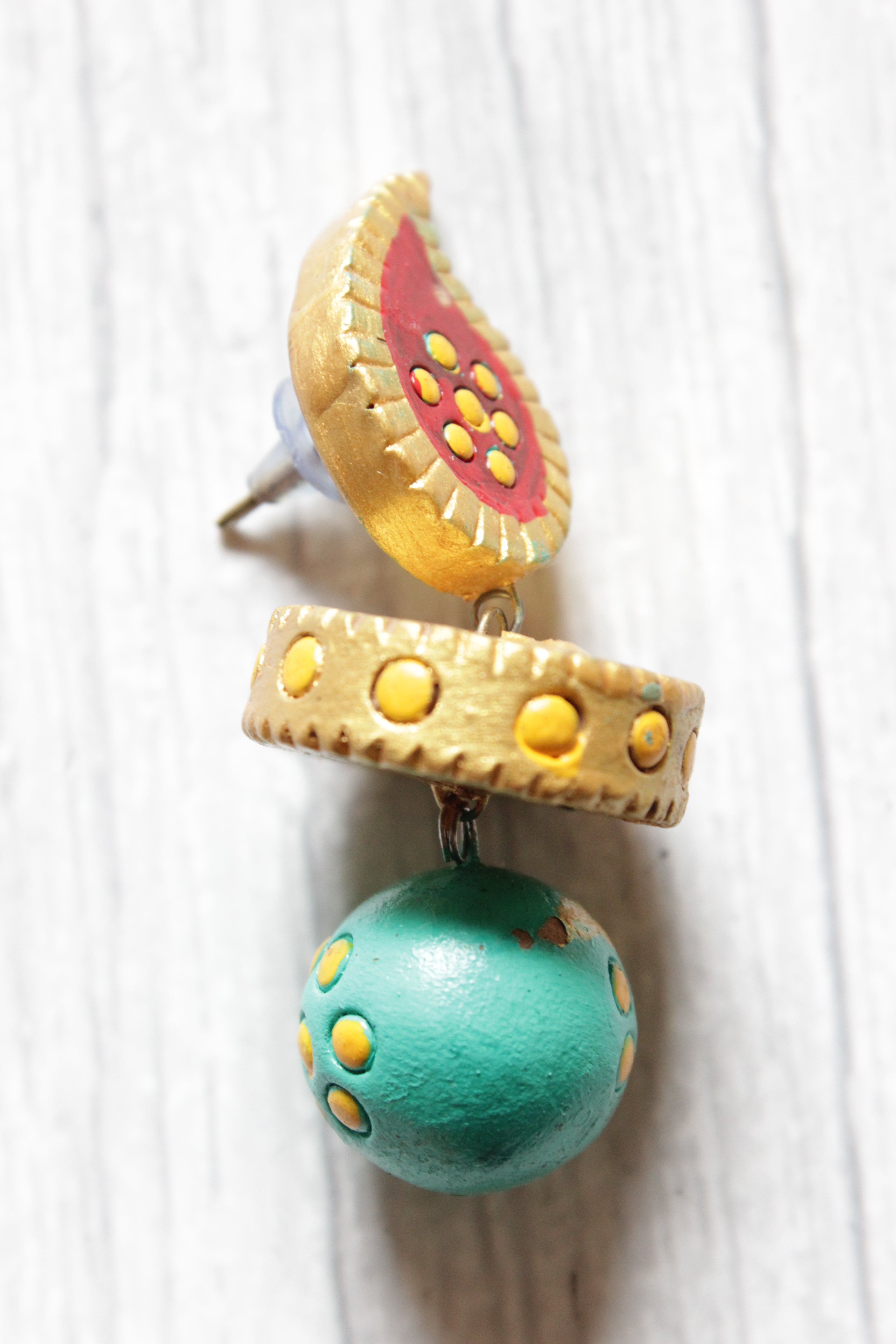 Handcrafted Gold, Turquoise and Red Terracotta Clay Dangler Earrings