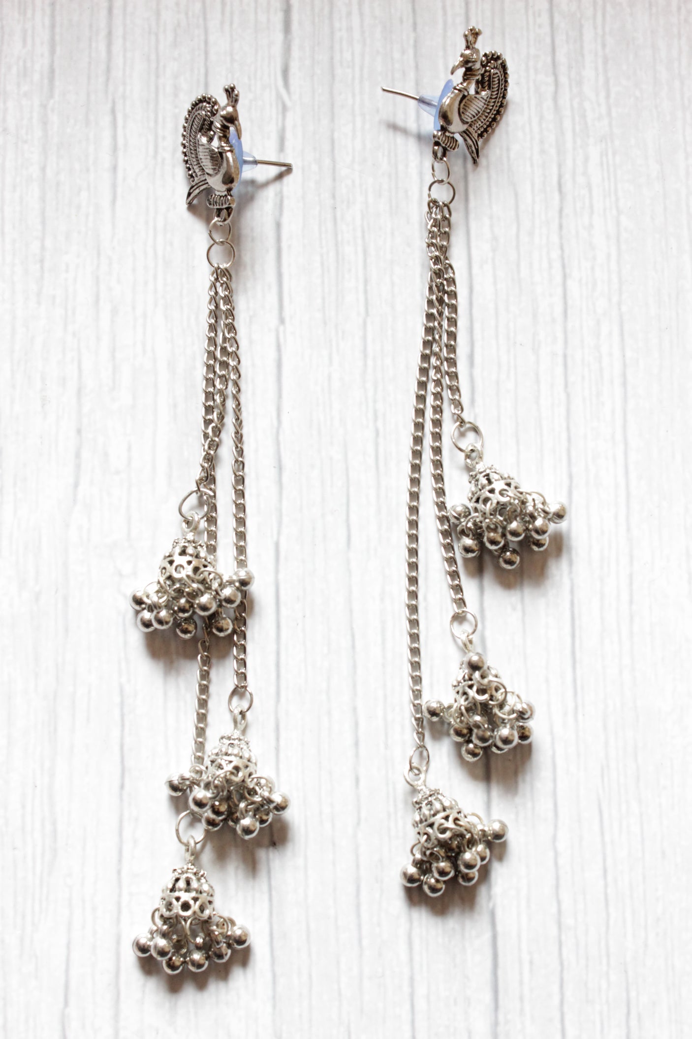 Stringed Long Chain Silver Finish Dangler Jhumka Earrings