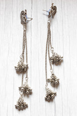 Stringed Long Chain Silver Finish Dangler Jhumka Earrings