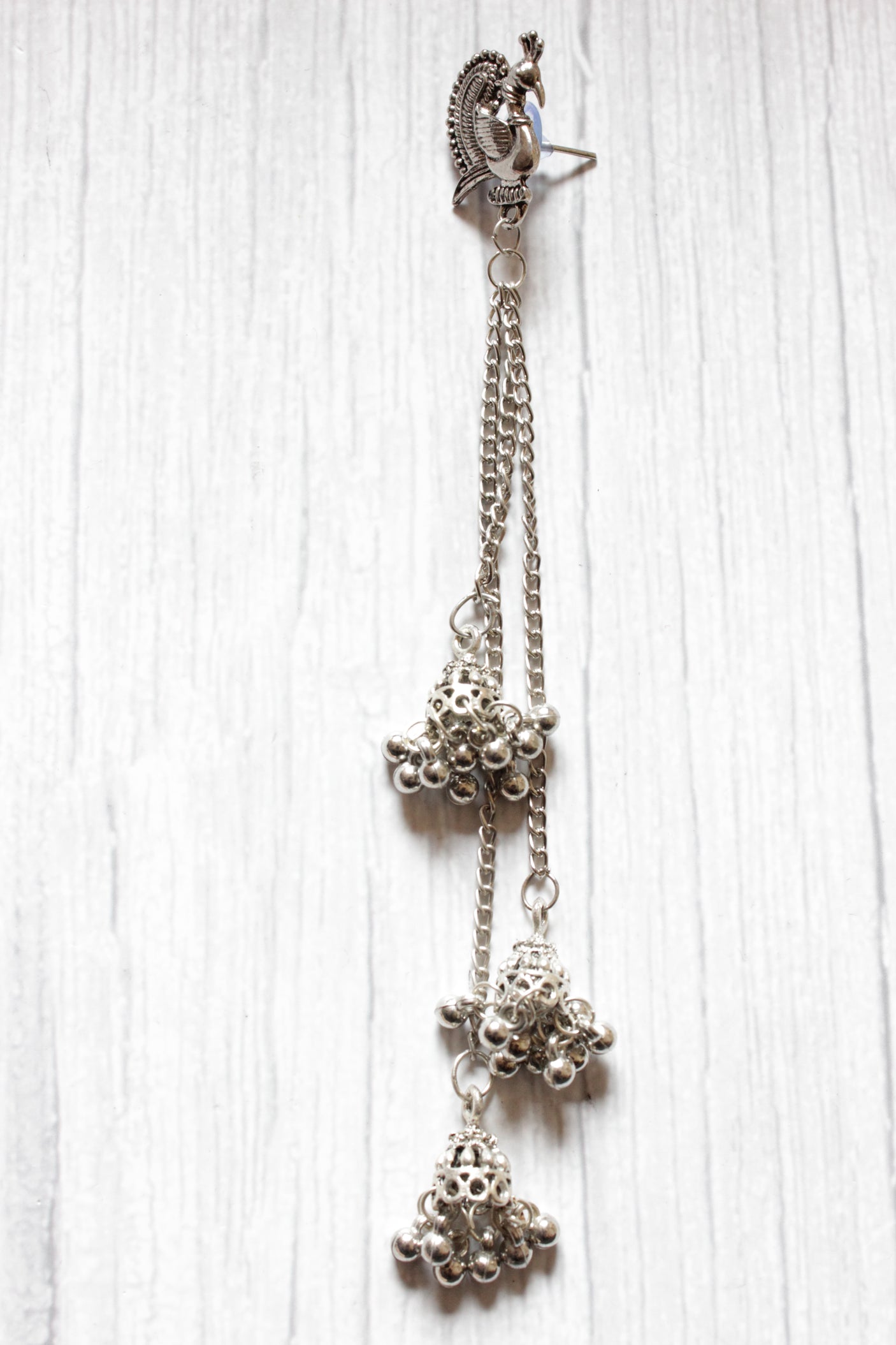 Stringed Long Chain Silver Finish Dangler Jhumka Earrings