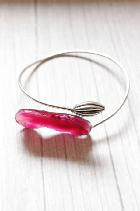 Pink Natural Glass Stone Embedded Silver Finish Adjustable Bracelet