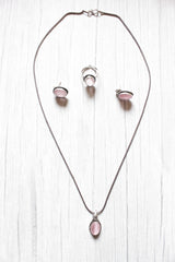 Pink Natural Stone Embedded Silver Finish Necklace Set with Ring