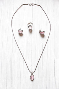 Pink Natural Stone Embedded Silver Finish Necklace Set with Ring