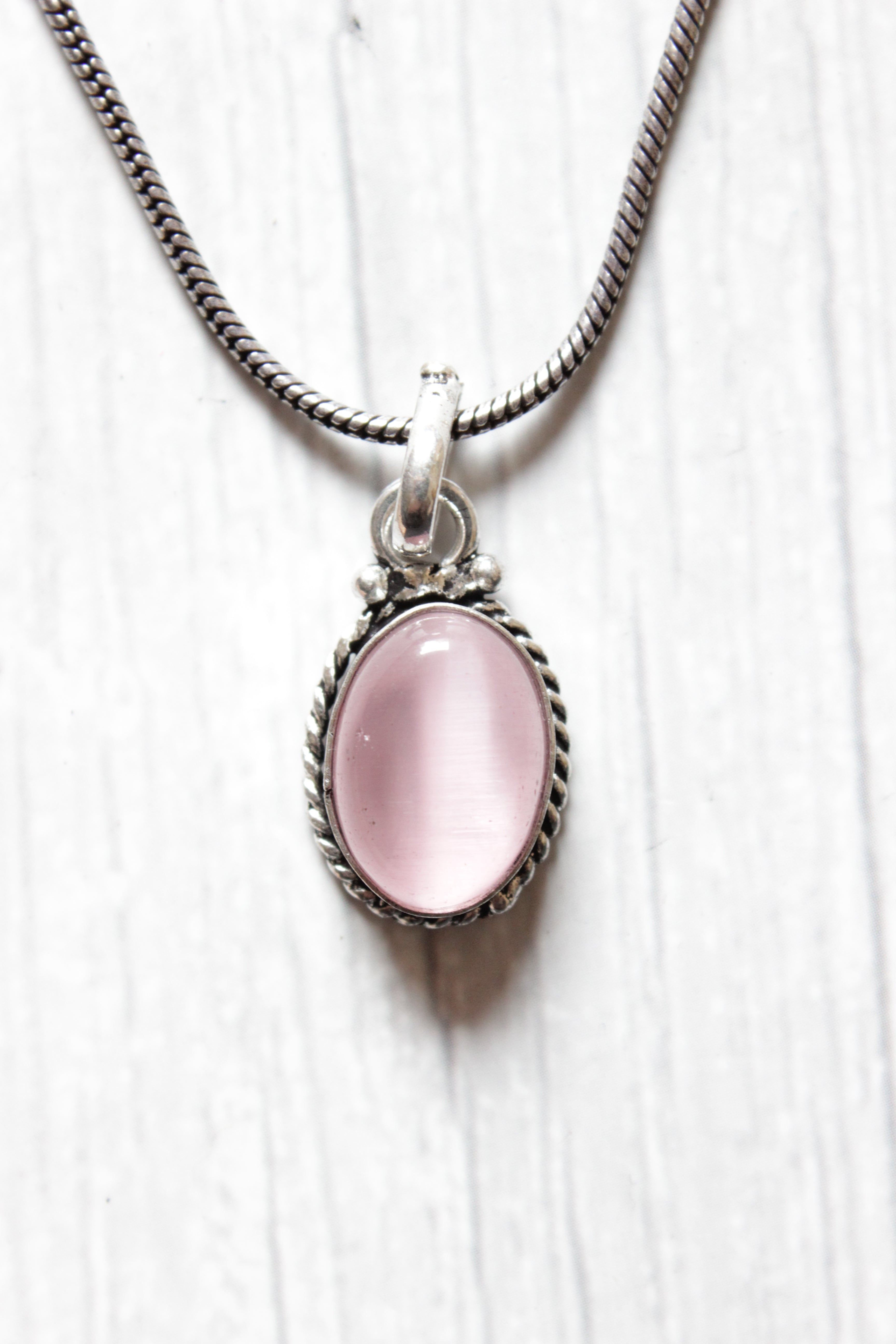 Pink Natural Stone Embedded Silver Finish Necklace Set with Ring