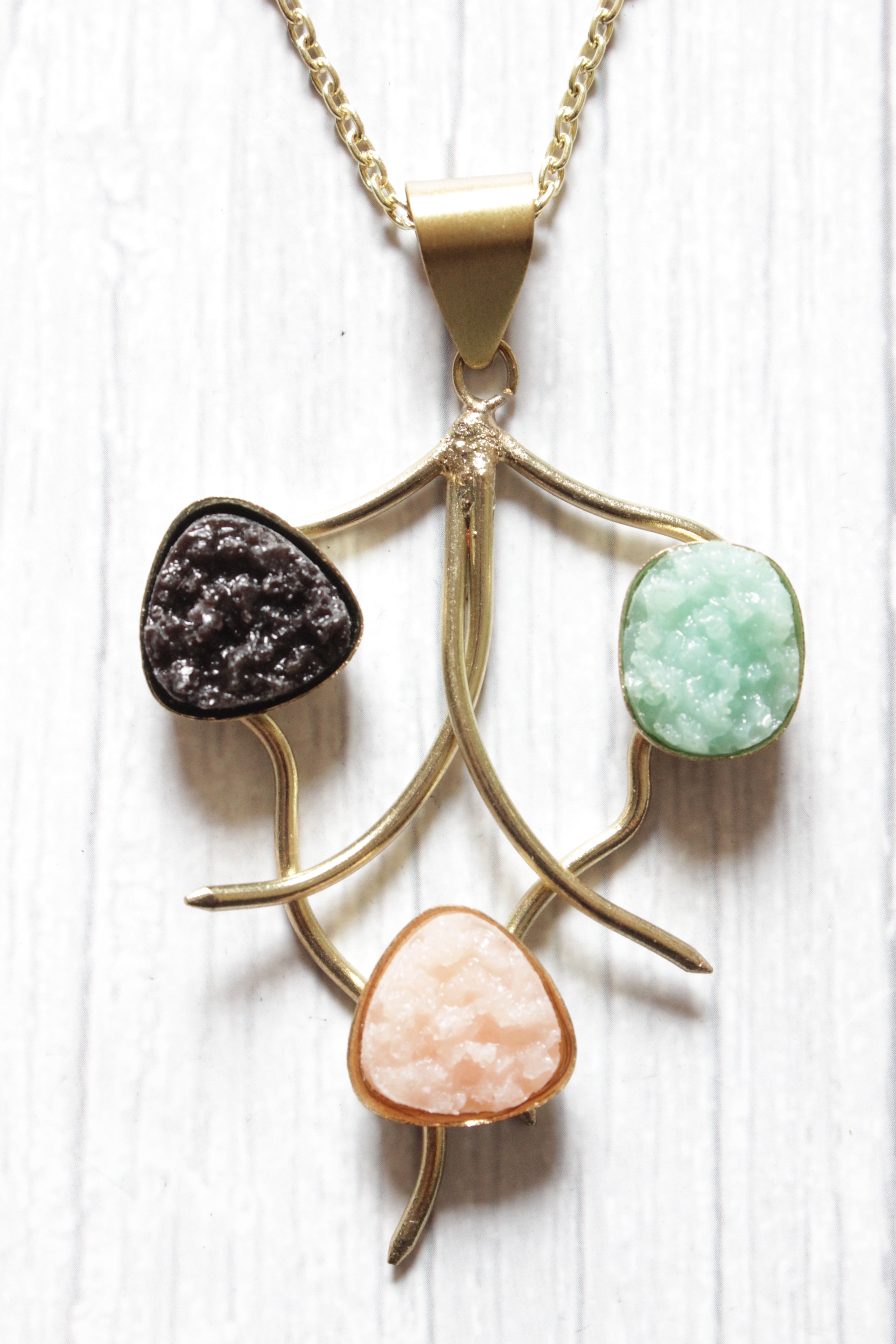 Pink, Blue and Black Natural Sugar Druzy Gemstones Embedded Silver Finish Warrior Necklace