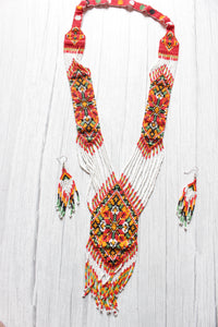 Red, White & Multi-Color Handcrafted Beaded Necklace Set with Dangler Earrings
