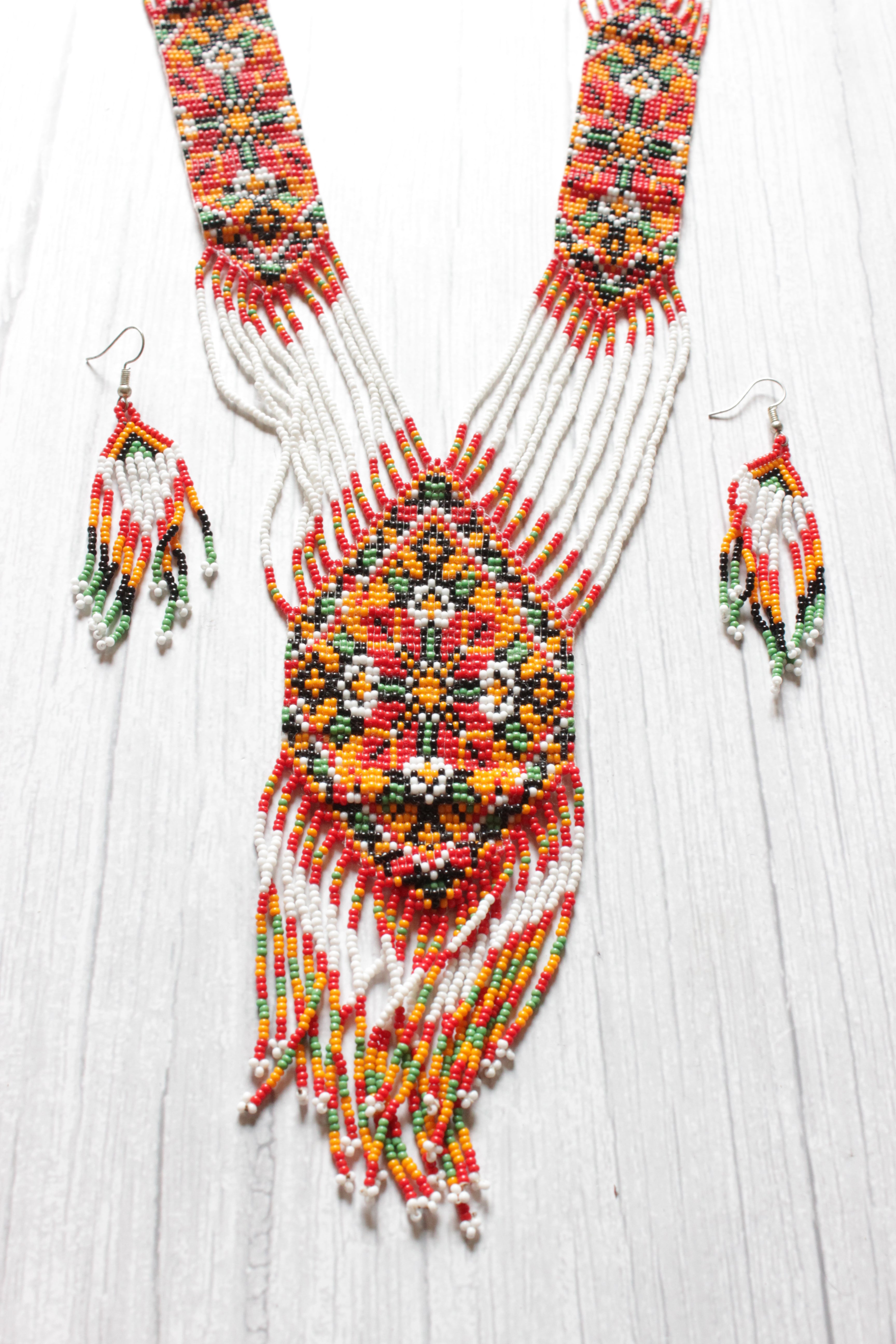 Red, White & Multi-Color Handcrafted Beaded Necklace Set with Dangler Earrings