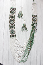 Load image into Gallery viewer, Elegant Green and White Handcrafted Beaded Necklace Set with Dangler Earrings
