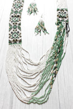 Load image into Gallery viewer, Elegant Green and White Handcrafted Beaded Necklace Set with Dangler Earrings
