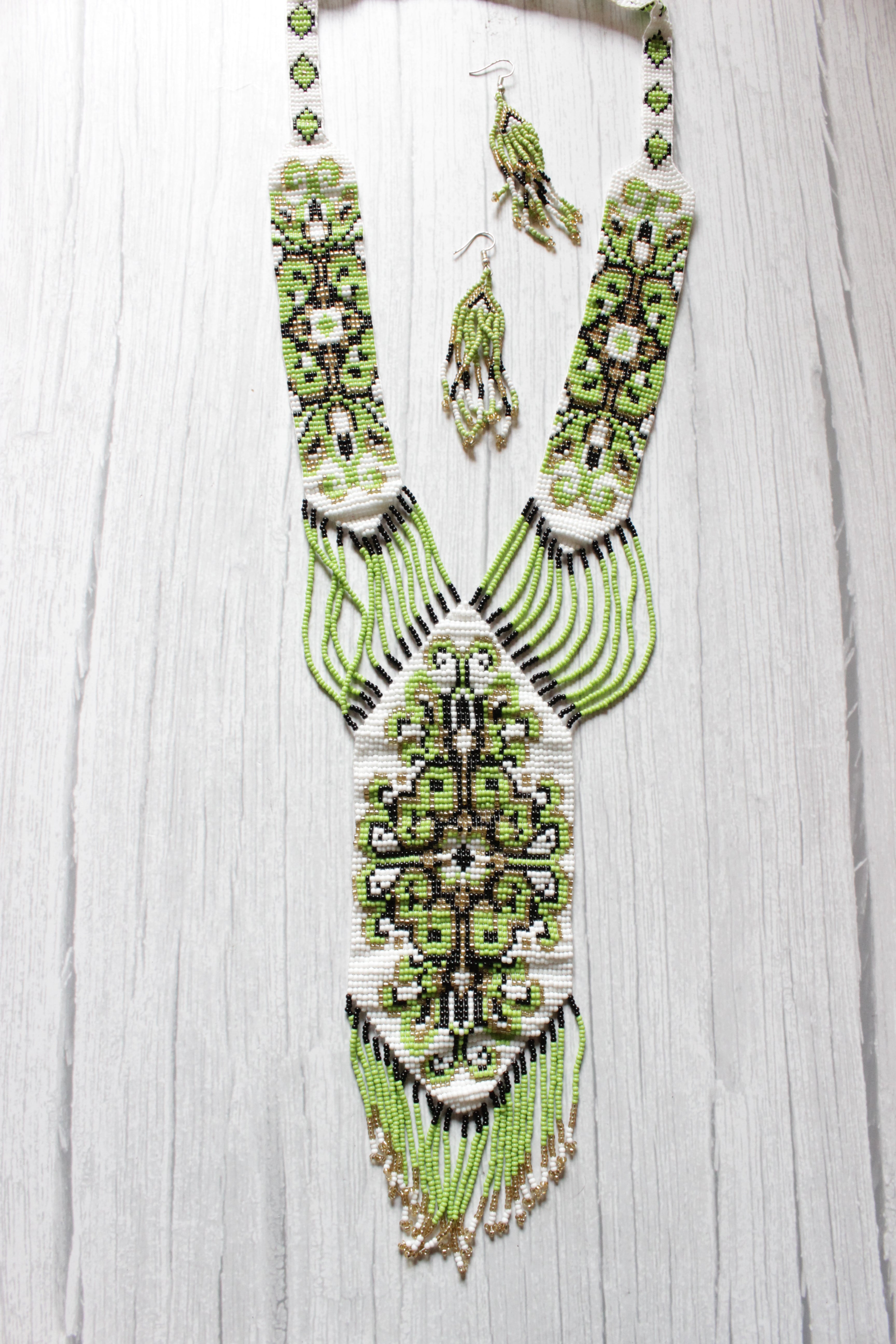 Green and White Elaborate Handcrafted Beaded Necklace Set with Dangler Earrings